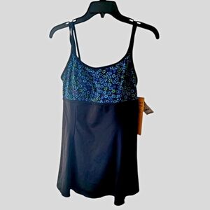 Robby Len Black and Blue Longitude Swim Dress Floral New with Tags Size 10 Vtg